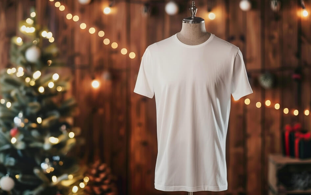 T-Shirt Mockups white t shirt displayed for the holidays