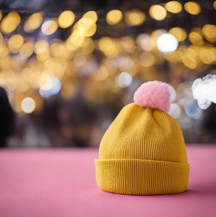 Beanie Mockups yellow beanie hat on pink table