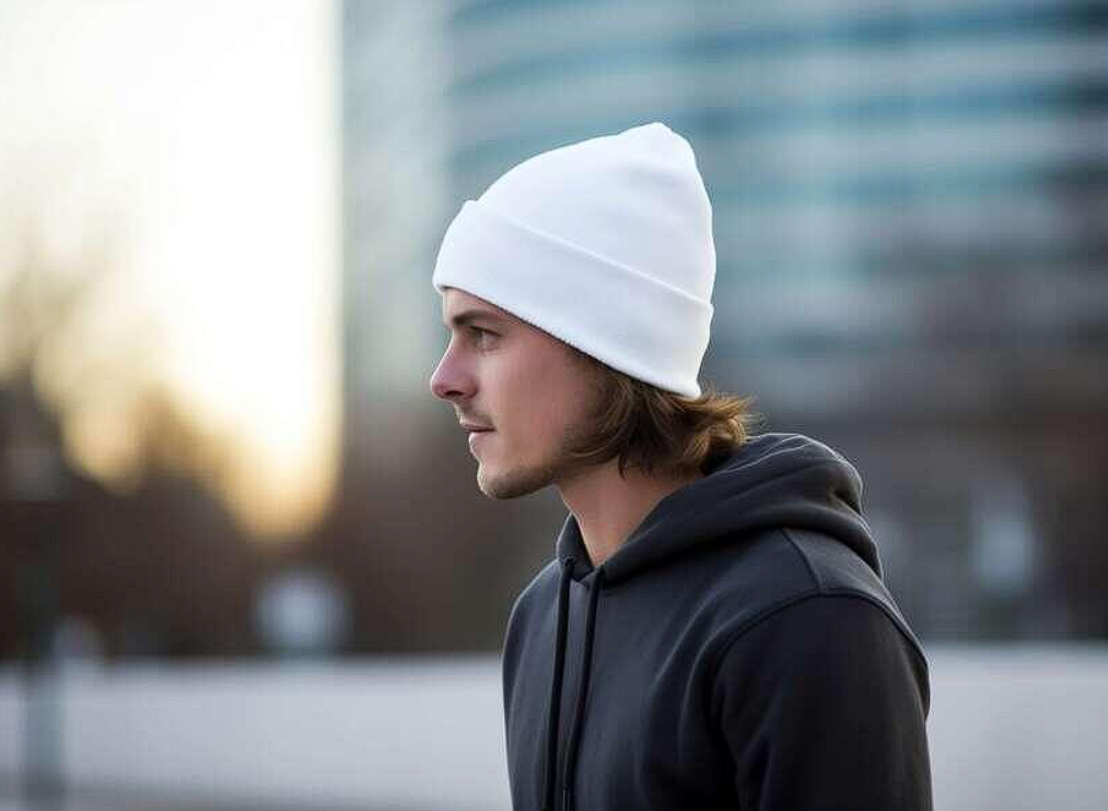 Beanie Mockups young man in black and white clothing standing on the side of the road