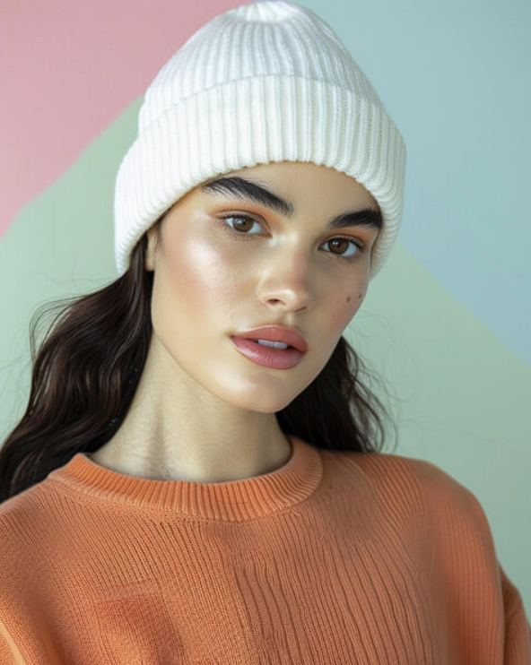 Beanie Mockups young woman in white beanie and orange sweater