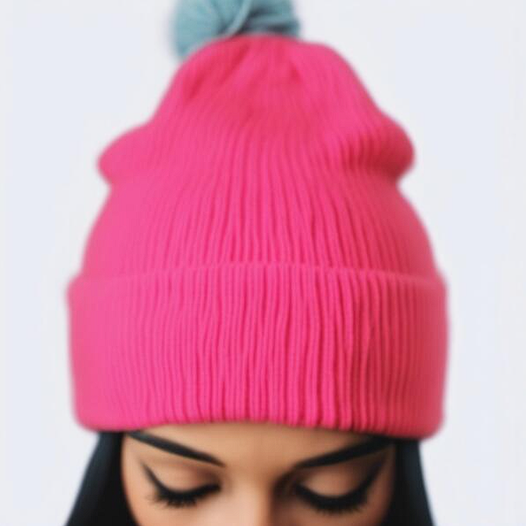 Beanie Mockups young woman wearing pink beanie hat with blue pom poms